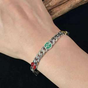 Classic 925 Silver Hip Hop Rose Gold Plated Chain Link <b>Bracelet</b> with Green and <b>Red</b> Inlay Moissanite Stones Unisex Everyday Wear - Product Image 1