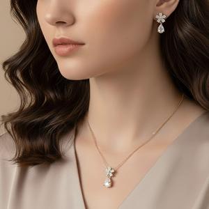 ต่างหูเพชรแล็บทรงหยดน้ำประดับดอกไม้ทองคำแท้ 10K 14K สำหรับเด็กหญิงและสตรี ต่างหูแบบห้อย ชุดต่างหูเจ้าสาว - Product Image 3