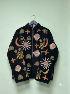 Black Embroidered <b>Velvet</b> Breathable Woven Short Stand Collar Zip-Up Bomber <b>Jacket</b> Floral Pattern <b>Women</b> Outerwear - Product Image 5