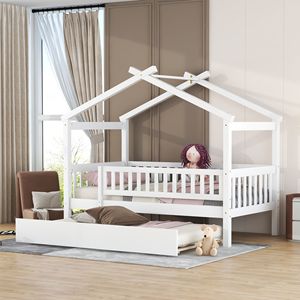 Letto a casetta in legno per bambini, misura singola, con letto estraibile bianco per bambini - Product Image 1