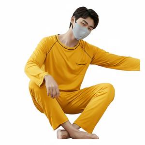 Ensemble de pyjama gris à manches longues pour homme avec poche, en coton doux, vêtements de nuit décontractés, taille élastique, pour le printemps, lavable en machine - Product Image 6