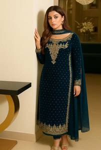 Élégant Salwar Kameez en Soie Brodé Bleu Marine, Coupe Ample Longueur Ras du Sol, Tenue de Mariage Indienne/Pakistanaise pour Femme, Toutes Saisons, Livraison Rapide - Product Image 5