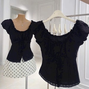 Conjunto de Blusa Negra de Alta Calidad con Mangas con Volantes y Falda con Estampado de Puntos para Damas - Product Image 3