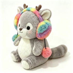Orejeras de arcoíris personalizadas con diseño de ciervo de peluche, orejeras con pompones de ciervo de peluche, ciervo de peluche gris esponjoso, orejeras de arcoíris pastel de peluche - Product Image 5