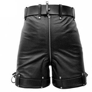 Men's Black Leather <b>Knee</b> Length Shorts <b>High</b> Waist Belted Gothic Style With Rivet Decoration - Product Image 3
