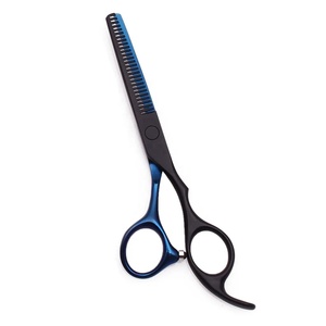 Tijeras Profesionales para Cabello de Acero Inoxidable con Punta Afilada para Diestros, Mango Largo de Cerámica, Duraderas, 28 Dientes, Acabado Negro y Azul - Product Image 4