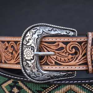 Ceinture en cuir brodée style western avec motif géométrique perlé, boucle en alliage argenté, style décontracté, durable, fabriquée à la main, pour usage quotidien - Product Image 2