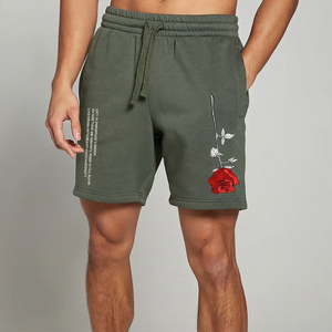 <b>Men's</b> Olive Green Drawstring Bermuda <b>Shorts</b> With <b>Red</b> Rose Print Mid Waist Cotton Knitted Casual <b>Shorts</b> - Product Image 1