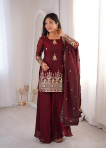 Designer Embroidery Sequence Work Fandy Silk Fully Stitched <b>Top</b> With Sharara Plazzo And Dupatta Ready To Wear - Product Image 5