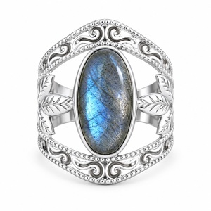 Heaven <b>Crafts</b> Natural Labradorite 925 Sterling Silver Blue Flash Gemstone Leaf Bohemian Christian Statement <b>Ring</b> Handmade - Product Image 1