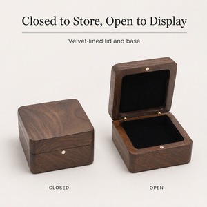 Boîte à bijoux carrée en bois avec doublure en velours doux, petite boîte de rangement en bois pour colliers, bagues et bracelets - Product Image 3