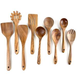 Juego de utensilios de cocina de madera de teca de 10 piezas: cuchara, espátula ranurada, cucharón para sopa, tenedor para ensalada y otros utensilios de cocina. - Product Image 3