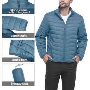 <b>Men's</b> Blue Stand Collar Puffer <b>Jacket</b> Windproof Polyester Filling Casual Zipper Closure Solid Color Regular Fit Thin Coat - Product Image 5