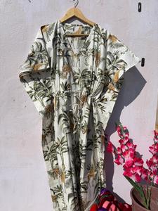 Women's Floral Print 100% Cotton Maxi <b>Kaftan</b> Dress V Neck Batwing Sleeves Drawstring Eco-Friendly Handmade Breathable <b>Beach</b> - Product Image 6
