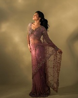 Sari en tulle doux brodé élégant de créateur avec chemisier assorti à sequins pour femme, tenue de soirée, culture indienne et pakistanaise, en stock