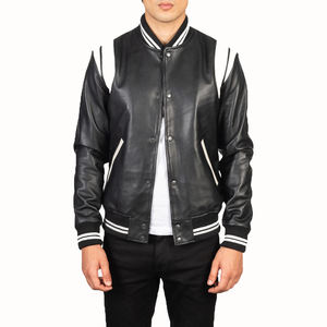 <b>Men's</b> Premium Black Leather Varsity Bomber <b>Jacket</b> with Detachable Sleeves | Custom OEM Manufacturer Custom Leather Baseball Jack - Product Image 1