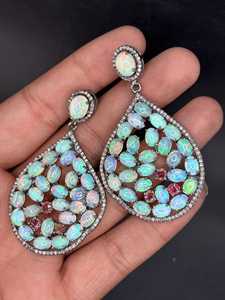 Natural Ethiopian <b>Opal</b> Ruby Diamond <b>Earring</b> Pave Diamond <b>Earrings</b> 925 Sterling Silver Handmade Oxidized Dongle Diamond <b>Earring</b> - Product Image 2