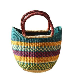 Modern Curved Opening Seagrass <b>Handbags</b> Leather Handles Handcrafted Woven Straw Tote Bag Fashion Women <b>Summer</b> OEM - Product Image 1