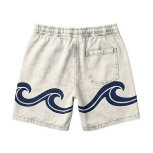 Shorts décontractés d'été pour hommes en coton épais délavé, coupe décontractée, motif vague blanche, streetwear, shorts durables - Product Image 2