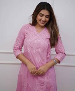 Women's Pink Cotton <b>Chikankari</b> Embroidery A-Line Kurti with Pant Regular Fit Knee Length Casual Wear <b>Suit</b> Set - Product Image 3