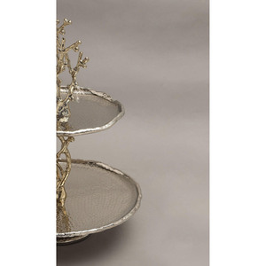 Stunning Two-Tier Silver Cake Stand Featuring Textured Trays And A Unique Coral Branch Style Central Pillar & Handle <b>For</b> Serving - Product Image 5