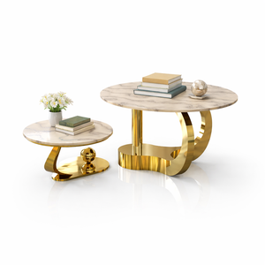 Juego de Mesa de Centro Redonda de Mármol de Lujo y Duradera con Marco de Metal Dorado, Mesas Auxiliares Modernas para Sala de Estar - Product Image 4