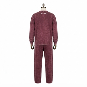 Ensemble jogging pour homme, sweat-shirt à col rond bordeaux délavé à l'acide, tenue décontractée streetwear, ensemble assorti deux pièces - Product Image 4