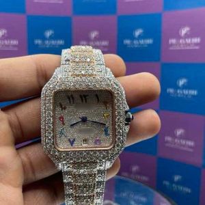 Montre automatique de luxe bicolore entièrement sertie de moissanite, boîtier carré en acier inoxydable, cadran arc-en-ciel étanche en saphir - Product Image 3