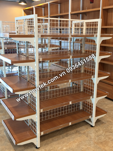 NEWTEK Double-Sided Adjustable Heavy Duty Supermarket Display <b>Shelving</b> <b>Unit</b> 5-Tier <b>Wood</b>-Grain Shelves Wire Mesh Panels - Product Image 6