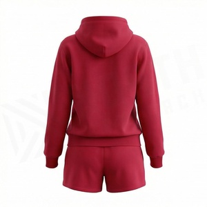 <b>Women's</b> 2 Piece Hooded Sweatshirt and Shorts <b>Set</b> Solid Color Fleece Casual Loose Fit Above Knee Red - Product Image 2