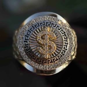 Luxury Mens Gold <b>Silver</b> <b>Ring</b> Iced Out CZ Greek <b>Key</b> Dollar Sign Statement Hip Hop Jewelry Party Fashion Accessory - Product Image 1
