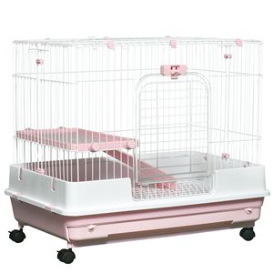 Gabbia per Piccoli Animali a 2 Livelli con Ruote e Vassoio Rimovibile, Rosa, per Conigli, Cincillà e Furetti - Product Image 1