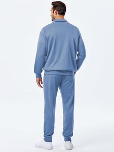 Conjunto de chándal unisex personalizado azul de algodón 100% de alto gramaje con media cremallera, color liso, para uso casual, manga larga, para invierno - Product Image 2
