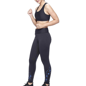 Conjunto de yoga para mujer, 2 piezas, sujetador deportivo negro y leggings con diseño de estrellas azules, ropa deportiva elástica de cintura alta - Product Image 3