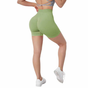 Pantalones cortos deportivos de punto transpirables de color liso con cintura alta para mujer, ajuste deportivo, cintura elástica, color verde - Product Image 2