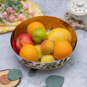 Frutero Decorativo Plateado Martillado con Detalle de Hoja Dorada, Cesta Multiusos de Acero Inoxidable y Latón para el Hogar - Product Image 6