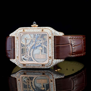 Montre analogique mécanique de luxe en acier inoxydable doré rose avec bracelet en cuir marron, cadran squelette et diamants Moissanite, style Hip Hop - Product Image 4