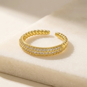 RAAMAA 18K Yellow Gold Adjustable Double Row Pave <b>Open</b> <b>Ring</b> Featuring Cut Lab Grown Diamonds Twisted Rope Band Women's - Product Image 3