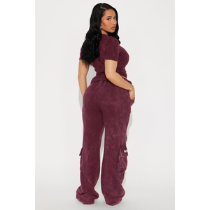 Women's Burgundy 100% Cotton Fleece 2-Piece <b>Set</b> <b>Short</b> Sleeve O-Neck <b>Top</b> with Cargo Pants Skinny Fit Winter Casual Wear - Product Image 1