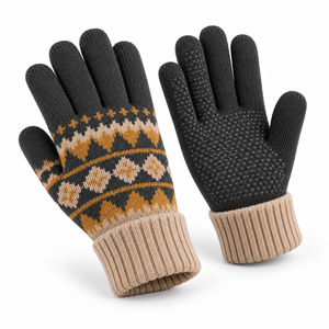 <b>Knit</b> Winter <b>Gloves</b> With Nordic Pattern Anti-Slip Texture Raised Micro-Diamond Fingertips Beige Cuff Cold Resistance - Product Image 4