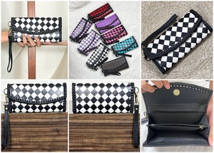 2026 Hot Selling Black & White Checkered <b>Wallet</b> Trendy New Women's Hand Tooled Cow Leather Card Holder Clutch With Hand Wristlet - Product Image 3