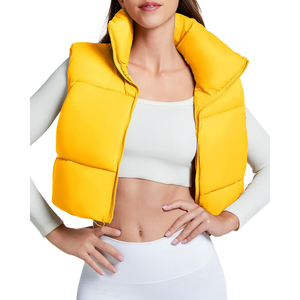 Dernier modèle de gilet matelassé pour femme à col montant, couleur unie, fermeture éclair, coupe courte, vêtement d'extérieur décontracté, coupe-vent, imperméable, avec fourrure - Product Image 3