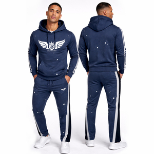 Conjunto Deportivo para Hombre, Sudadera con Capucha y Pantalones Deportivos, Diseño con Salpicaduras de Pintura Azul Marino, Corte Ajustado, Ropa Deportiva Urbana, Logotipo Personalizado - Product Image 1