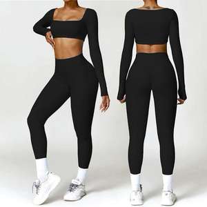 Conjunto Deportivo de Yoga para Mujer, Estilo Urbano, Cuello Cuadrado, Transpirable, Manga Larga, Cintura Elástica, Felpa, para Gimnasio - Product Image 5