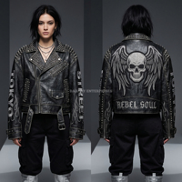 Blouson Moto Femme en Cuir de Vachette Noir, Style Punk, avec Broderie Tête de Mort et Ailes, Clous et Imprimé au Dos 'Rebel Soul'