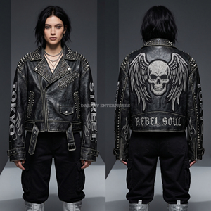 Custom Women Embroidery Skull Wing Leather <b>Jacket</b> Stud Distress Black <b>Punk</b> Biker Coat Wholesale Manufacturer Supply - Product Image 4