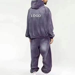 Ensemble de survêtement oversize noir délavé pour homme, comprenant un sweat à capuche en molleton épais et un pantalon de survêtement à jambes larges, ensemble streetwear deux pièces pour l'hiver - Product Image 4