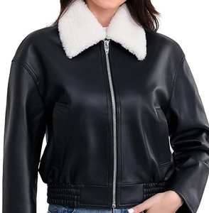 Chaqueta Bomber de Cuero PU Negra para Mujer con Cuello de Piel Sintética, Cierre de Cremallera, Manga Larga, Estilo Invernal, Color Sólido - Product Image 1