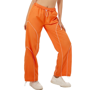 Pantalones Anchos Tipo Paracaídas Color Naranja para Mujer, Cintura Alta con Cordón, Largos, Casuales, Transpirables, 100% Poliéster, con Raya Lateral - Product Image 2