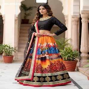 Proveedor de la India de conjuntos de Lehenga y Choli de terciopelo con la mejor tela de seda artística con estampado digital y bordado con lentejuelas Dori. - Product Image 1